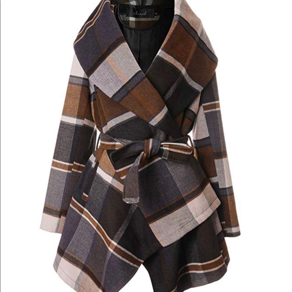 Check Plaid Wool Wrap Coat w/ Belt Tie